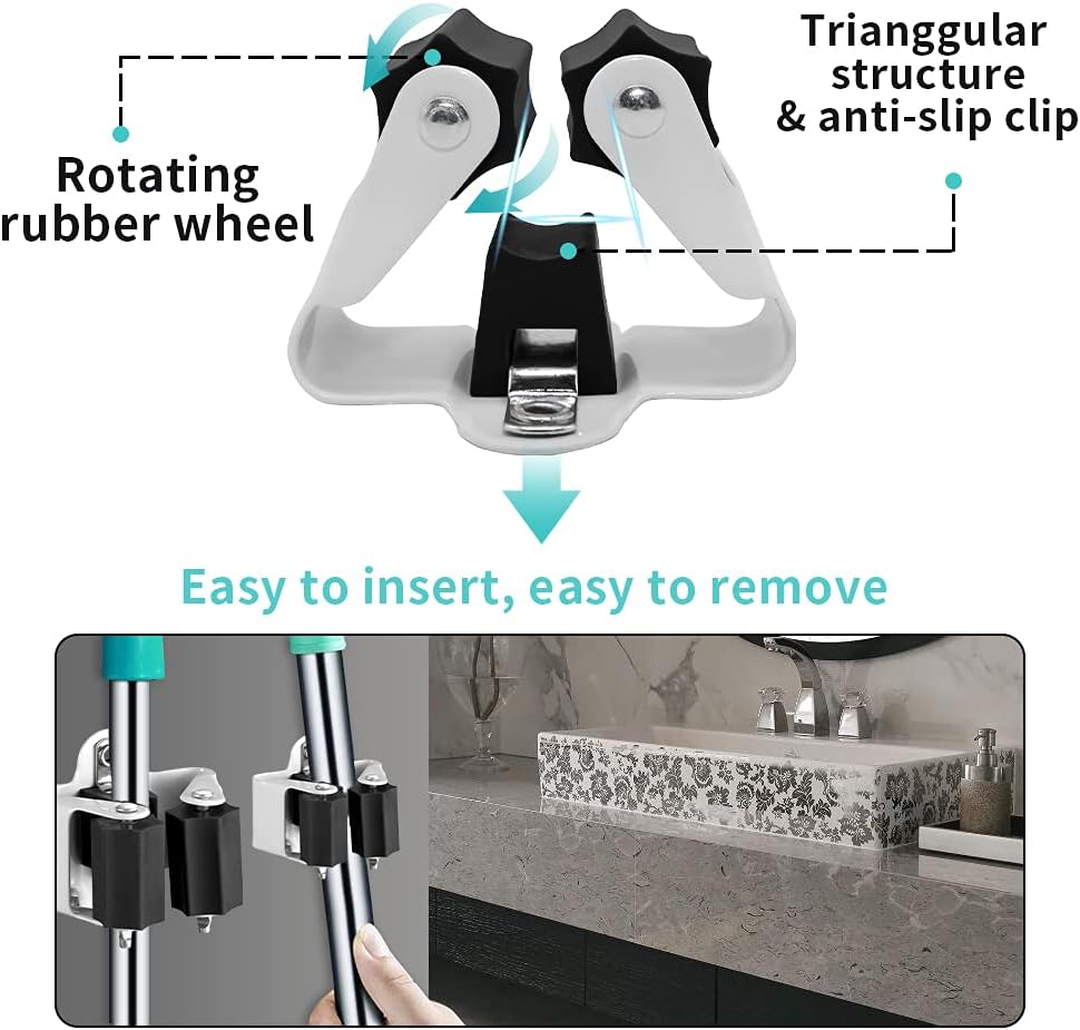 3-H Broom Holder Wall Mount 12 Pack, Heavy Duty Stainless Steel Mop and Broom Organizer Clips, Strong Grip Wall Mount Holders for Garage, Garden, Laundry Room & Utility Closet, Black
