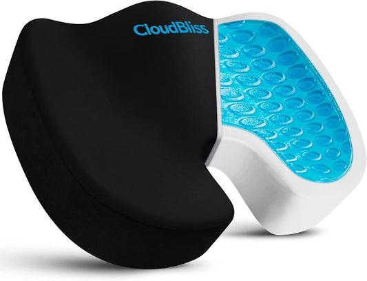 CloudBliss Gel Memory Foam Seat Cushion for Long Sitting, Large, Black | Gel Chair Pad for Tailbone, Coccyx, Sciatica , Soft Suede Cover, Non-Slip , Washable Mesh, for office, home, car