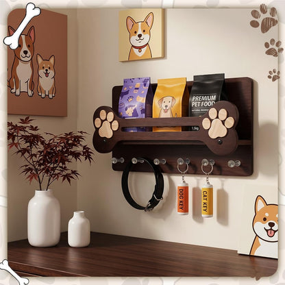Dog Leash Holder for Wall with Floating Shelf and 6 Hooks Decorative Dog Stuff Organizer for Leashes Collars Keys Rustic Wooden Key Holder Wall Mount for Home Decor