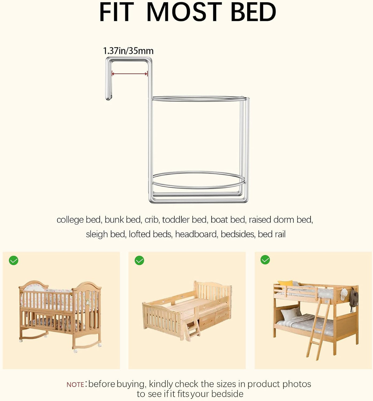Cup Holder for Bed (Diameter: 3.3IN) Drink Holder Water Bottle/Glass Organizer for Wood Dorm Room Bunk Bed Crib, Metal Toddle Bed,Loft Bedside, Headbed, Car,Office Desk Partition