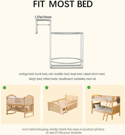 Cup Holder for Bed (Diameter: 3.3IN) Drink Holder Water Bottle/Glass Organizer for Wood Dorm Room Bunk Bed Crib, Metal Toddle Bed,Loft Bedside, Headbed, Car,Office Desk Partition