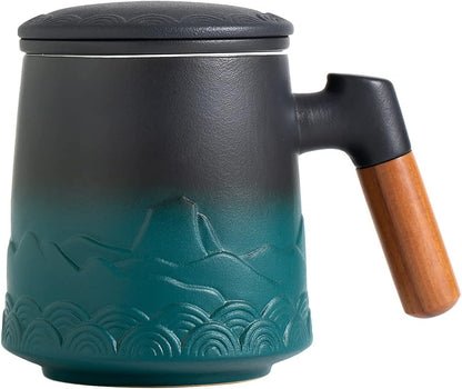 ZENS Tea Mug with Infuser and Lid for Loose Leaf Tea Steeper, 16.9oz Moss | Embossed Ceramic Tea Cup with Infuser for Herbal Tea Difussers, Tea Lovers Gifts, Nature Wood Handle
