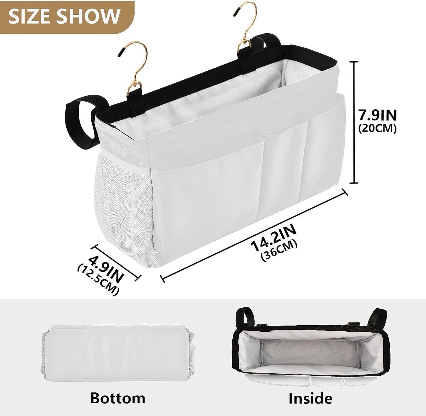 Black Bedside Caddy Storage Bag Bedside Organizer for Bed Rails College Dorm Room Organizer Caddy Hanging Shelf 6 Pockets with Hooks for Drinks Magazine Phone Holder