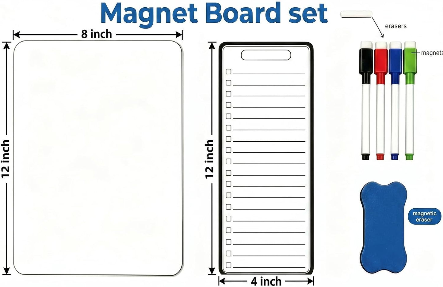 Dual-Sized Magnetic Whiteboard Set for Fridge 4 Markers and Eraser | Magnetic Dry Erase Board, 12" x 8" & 12" x 4" White board Set for Grocery Lists, Weekly Planning and Family Messages Board