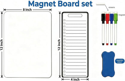 Dual-Sized Magnetic Whiteboard Set for Fridge 4 Markers and Eraser | Magnetic Dry Erase Board, 12" x 8" & 12" x 4" White board Set for Grocery Lists, Weekly Planning and Family Messages Board