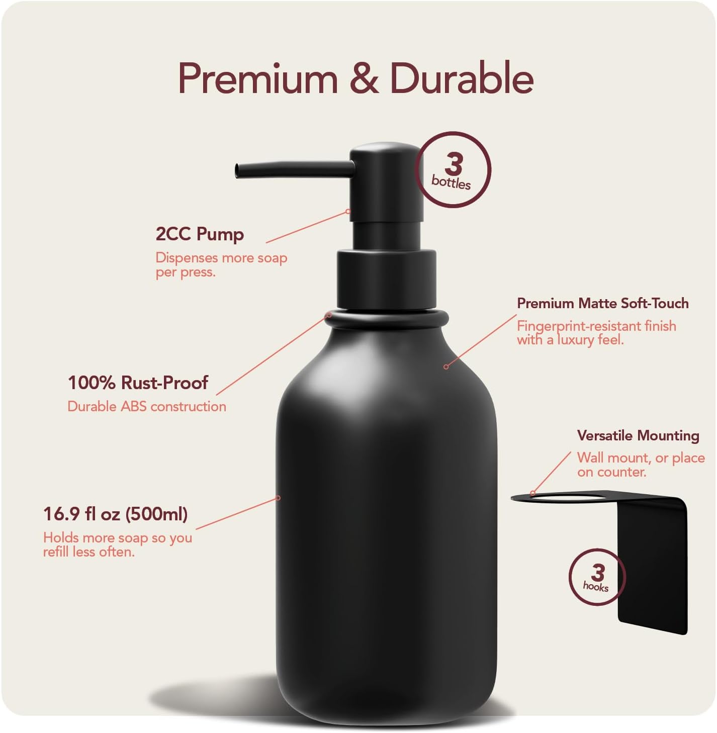 Black Soap Dispenser Set for Bathroom – 3-Packs Refillable Bottle Set, Soft Touch Pump Bottles Wall Mount Hooks Stickers Glue with Vanity Sink Placement Modern Design