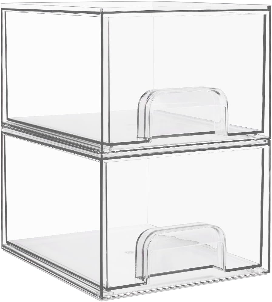 Vtopmart 4 Pack Small Clear Stackable Storage Drawers, Fits Narrow Spaces | Multi-Use Plastic Bins for Bathroom Cabinet Organizer, Makeup, Desk, Vanity, Undersink, Medicine ,Keeps Small Items Organized