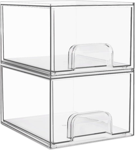 Vtopmart 4 Pack Small Clear Stackable Storage Drawers, Fits Narrow Spaces | Multi-Use Plastic Bins for Bathroom Cabinet Organizer, Makeup, Desk, Vanity, Undersink, Medicine ,Keeps Small Items Organized