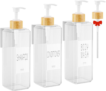 VITVITI Shampoo and Conditioner Dispenser, Shower Soap Dispenser Wall Mount | 17OZ Refillable Plastic Shampoo/Body Wash Shower Bottles for Bathroom with Pump/Labels, Bamboo Wall Mounted, Clear