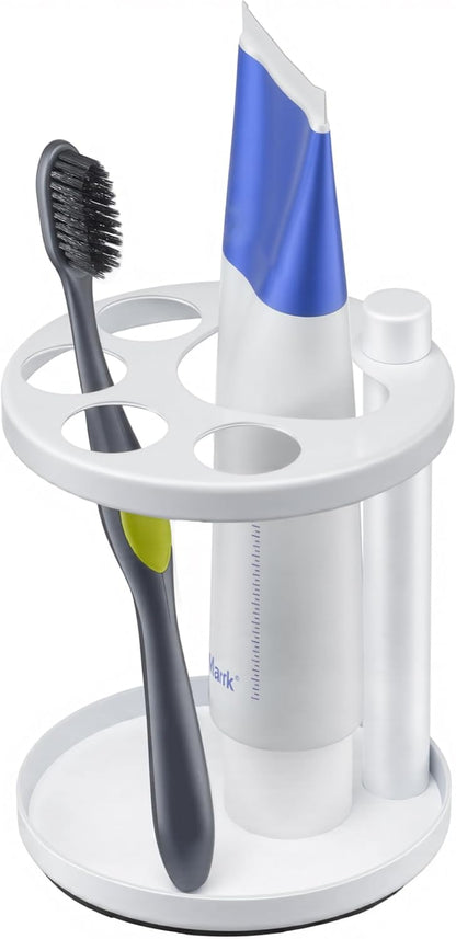 Metal Toothbrush Holder Stand for Bathroom: Stainless Steel Ventilated Organizer with Slots for Electric Toothbrushes, Toothpaste, Razors & Small Comb, Unique Footprint Base Design, Black