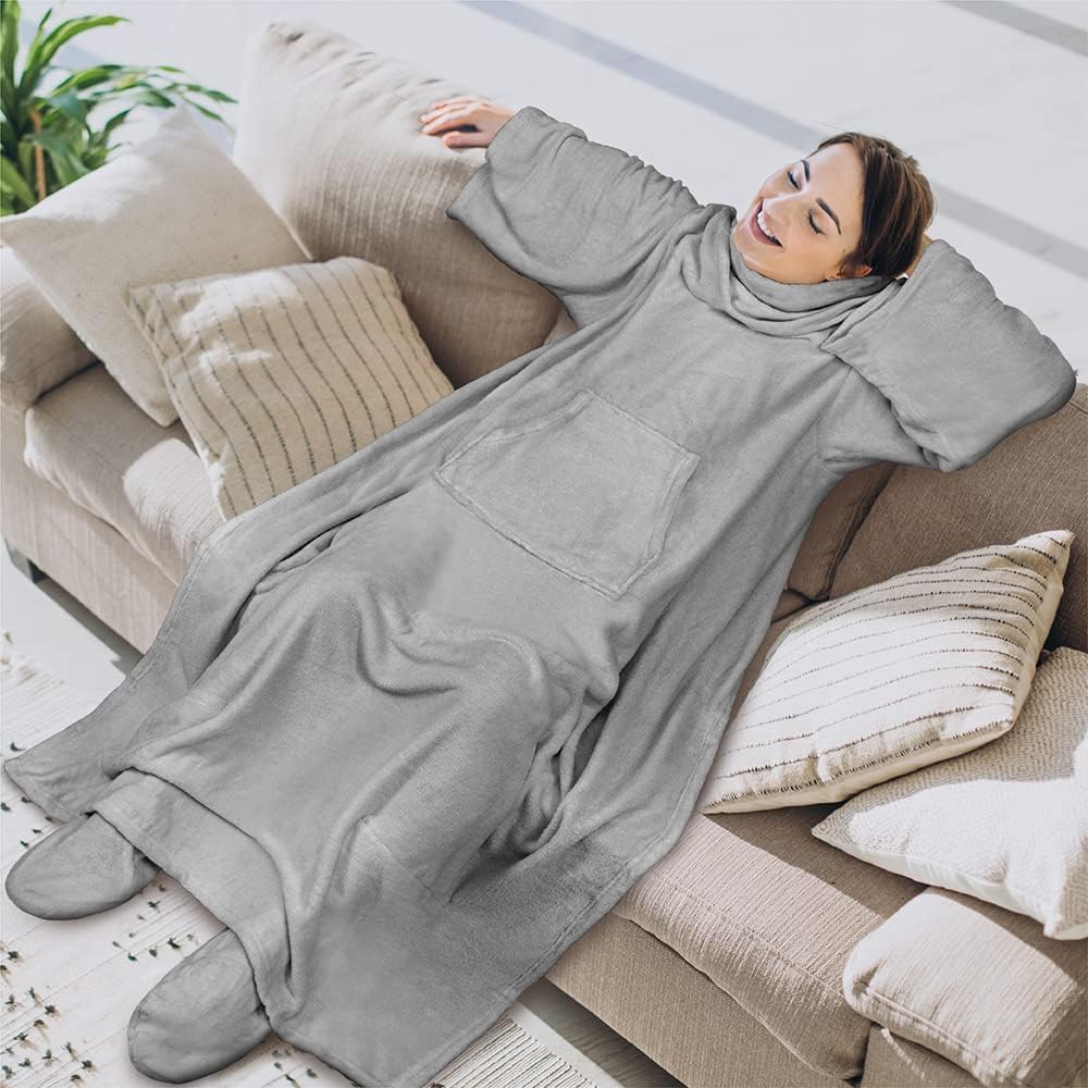 PAVILIA Fleece Blanket with Sleeves and Foot Pockets Women Men, Dark Purple