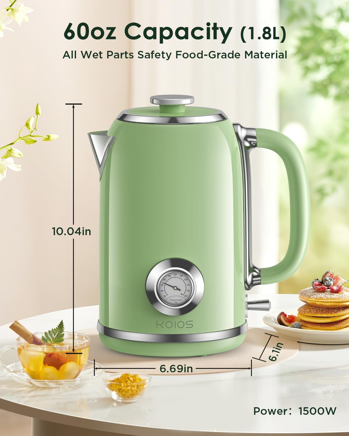 Electric Kettle 1.8L with Temperature Gauge, 1500W Fast Boiling Electric Tea Kettle, 100% Stainless Steel Retro-Style Hot Water Kettle Electric - Glowing LED Light, Auto Shut-Off & Boil-Dry Protection