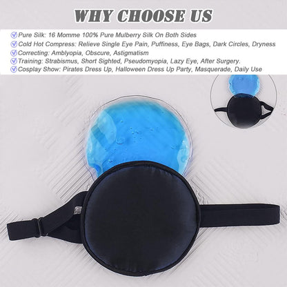 Cooling Eye Patches for Puffy Eyes, Pure Silk Ice Eye Patch, Single Eye Mask, Medical One Eye Cover Cold Hot Therapy Strabismus Lazy Eyes After Surgery Adult Kid Pirate Eyepatch (Black)