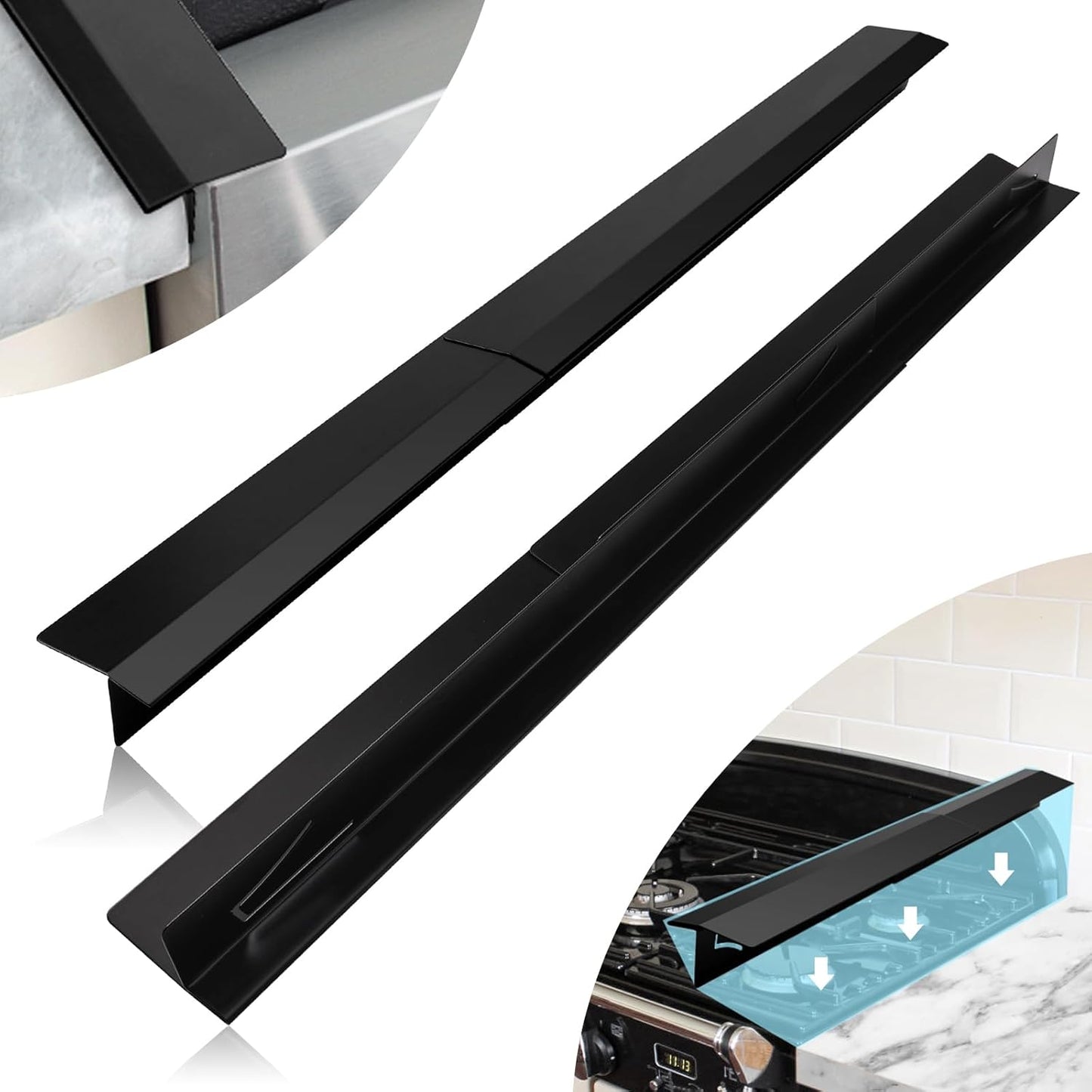 2PCS Kitchen Stove Counter Gap Covers Stainless Steel (13.8"-27.5" Black) | Cooktop Trim Kit, Stove Gap Guards, Oven Gap Filler, Easy to Clean, Heat Resistant & Effectively Protect Stove Gap Filler