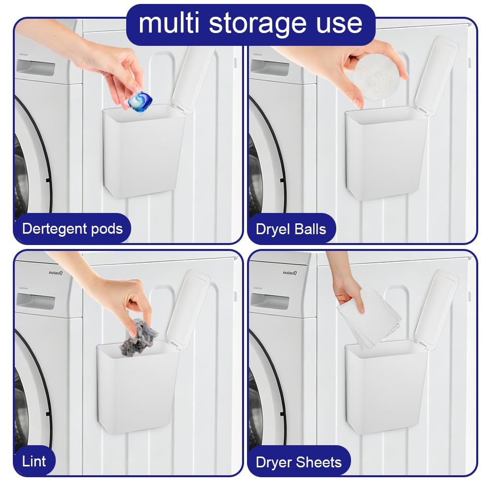 Picowe 2 Pack Magnetic Lint Bin for Dryer, 6X5 Inch Flip Top Lint Collector with Long Brush for Laundry Room, Strong Magnetic Trash Can for Dryer Lint, Wall Mount Lint Holder (White)