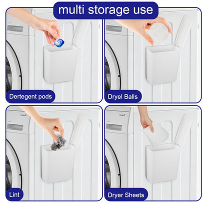 Picowe 2 Pack Magnetic Lint Bin for Dryer, 6X5 Inch Flip Top Lint Collector with Long Brush for Laundry Room, Strong Magnetic Trash Can for Dryer Lint, Wall Mount Lint Holder (White)