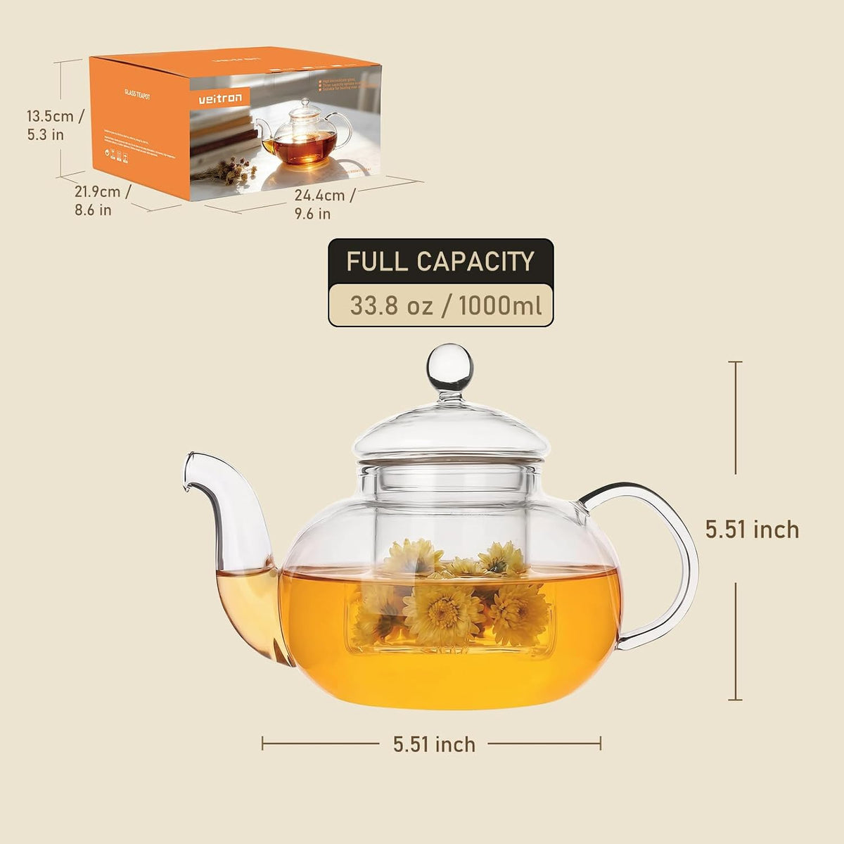 1000ml(33.8oz) Borosilicate Glass Teapot with Removable Glass Infuser, Stovetop Safe Large Tea Kettle for Blooming Tea & Loose Leaf Tea