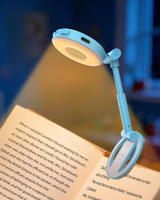 Book Light for Bed Reading at Night - 18 LED Bookmark Clip on Light with Timer, Memory, 3 Colors Dimmable Travel Camping Lamp for Kids, Boys, Outdoor Campers, Pocket-Size, Blue