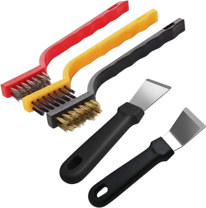 5Pcs Kitchen Stove Cleaning Brush + Scraper Tool Set, Brass, Stainless Steel and Nylon Brush Head Brushes for Range Hood Grease Grime, Heavy Duty Scraper for Gas Burners Cooktop Pot Pan