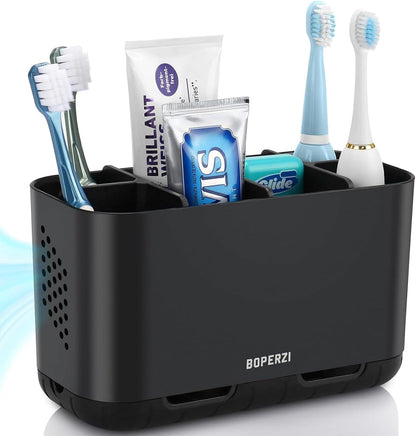 Boperzi Toothbrush and Toothpaste Holder Drainage for Bathroom Countertop with Adjustable Dividers, Large Toothpaste Caddy Organizer Storage Rustic Decor Set Anti-Slip for Shower,Family,Kids Gray