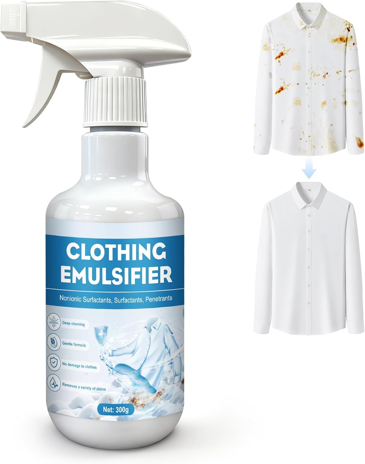 JAOJAO Clothing Emulsifier Stain Remover Spray 300g | For Grease-Prone Kitchen Uniforms, Work Clothes and Daily Washable Laundry Spots