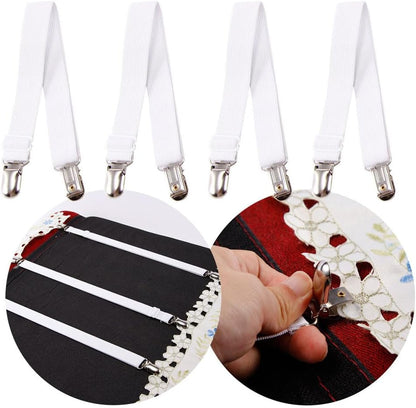 Sheet Straps for Queen Size Bed, Bed Sheet Clips Fasteners and Suspenders, Elastic 27 to 90 Inch Bed Sheet Holder Straps for King Twin Bed, Sofa Mattress Cover Tablecloth, 4Pcs (White)