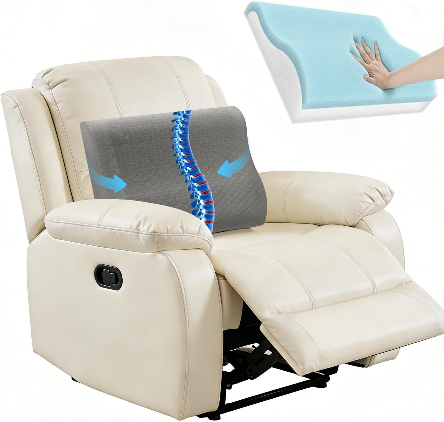 Lumbar Support Pillow for Recliner - Backrest for relieving lower back pain | Couch Cushion with Gel Memory Foam & High-density Foam, for Sofa, Accent Chair & Armchair, adjustable straps & washable cover