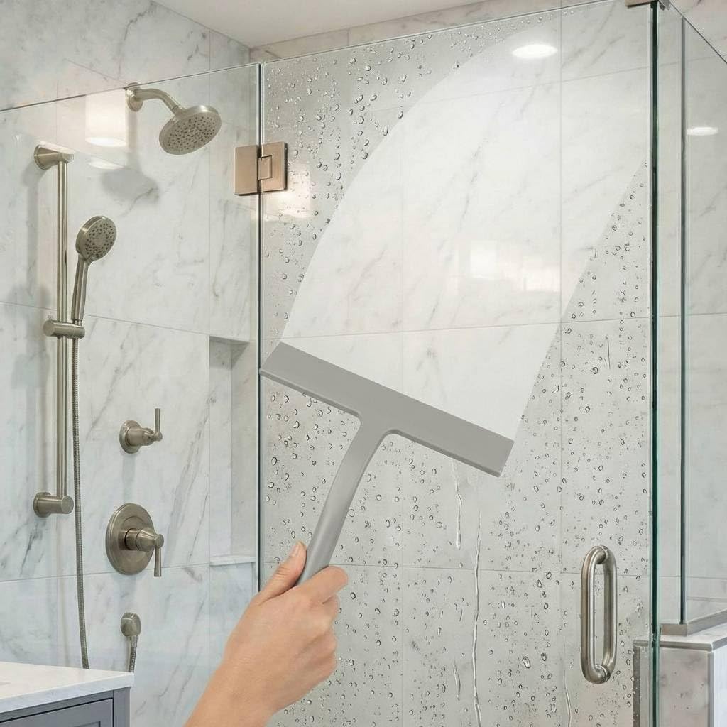 Shower Squeegee for Glass Doors, Hang Anywhere Silicone Shower Squeegee with Hook Design for Easy Hanging and Cleaning (Black)
