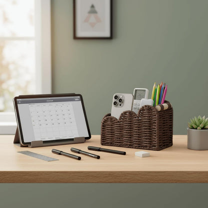 CubesLand Bedside Table Desk Organizer Caddy, Remote Pen&Pencil Holder Cup | Makeup Brush Holder w/Scalloped Perfect for Home, Office Desk, Living Room Table Decor, 3 Slots Neutral