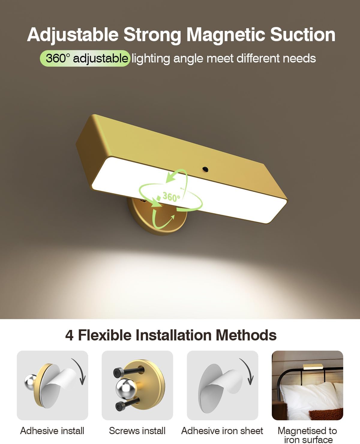 iThird Battery Operated Wall Sconce Set of 2, Gold Rechargeable | Type-C 5V 1A charging, 360° rotation, 3000K/4000K/6000K, remote and button control