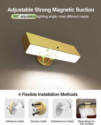 iThird Battery Operated Wall Sconce Set of 2, Gold Rechargeable | Type-C 5V 1A charging, 360° rotation, 3000K/4000K/6000K, remote and button control