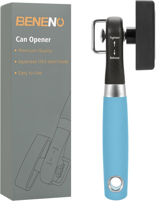 Beneno Can Opener, Manual Side Safe Cut Can Opener Smooth Edge, Brown | Durable Sharp DC53 Steel Cutting Blade, Clean Cut with no Sharp Can Edges, Big Effort-Saving Knob, Comfortable Non-Slip Grip