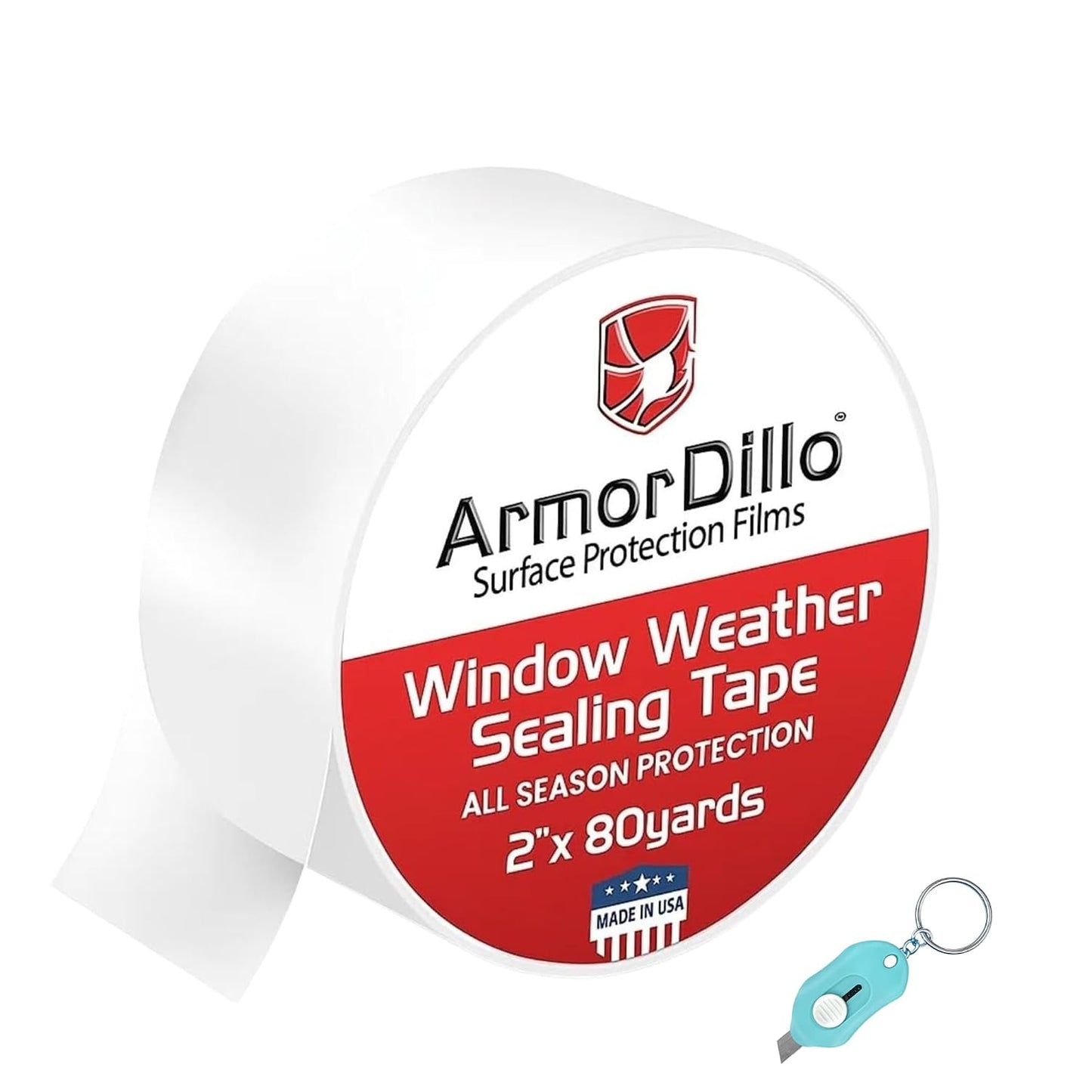 ArmorDillo Transparent Window Weather Sealing Tape, w Free Utility Knife, 2 inch X 120FT (40 YDS) - Clear Weather Stripping Tape, Draft Isolation & Insulation, No Residue, for Windows, Doors, AC & RV