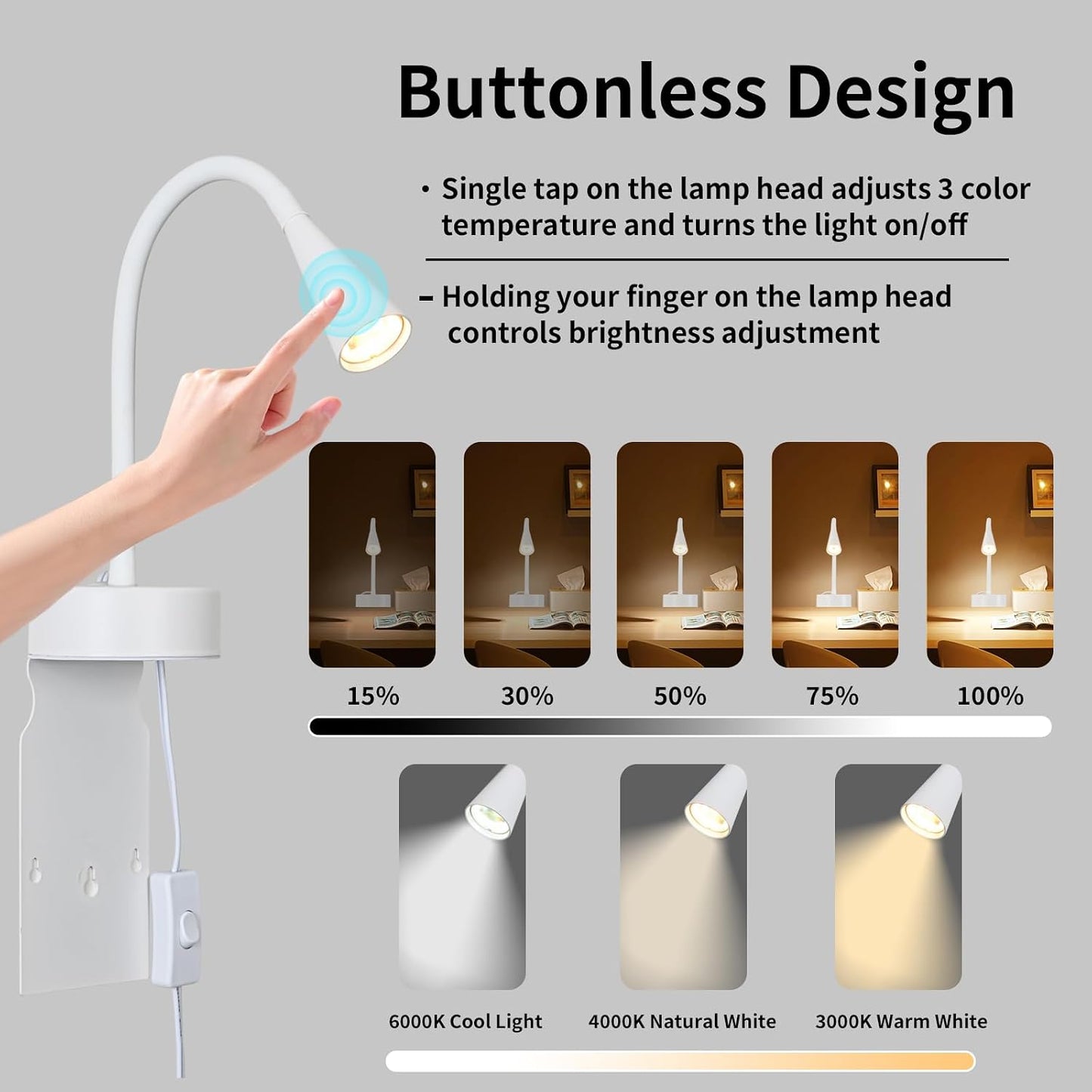 Black Headboard Reading Light, No Drilling Wall Mounted Reading Lights for Bedside, Book Light for Bedtime Reading, Buttonless Dimmable Reading Lamp, Movable Gooseneck Reading Sconces for Bedroom