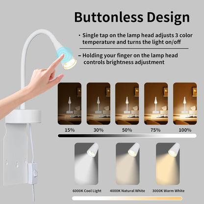 Black Headboard Reading Light, No Drilling Wall Mounted Reading Lights for Bedside, Book Light for Bedtime Reading, Buttonless Dimmable Reading Lamp, Movable Gooseneck Reading Sconces for Bedroom