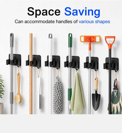 6Pcs Broom Holder Wall Mount With Hooks, Damage-Free Broom And Mop Organizer Wall Hanging, Heavy Duty Self Adhesive Broom Hanger Clips Storage Rack For Garden, Laundry Room Tools, SUS 304, Matte Black