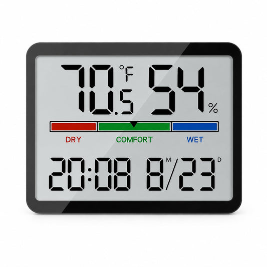 Digital Hygrometer Indoor Thermometer, Clock with Temp & Humidity, Temp Gauge with Comfort Indicator, Wall/Magnetic/Desk Alarm Clock for Bedroom, Baby Room, Office, Kitchen, Garage (Black)
