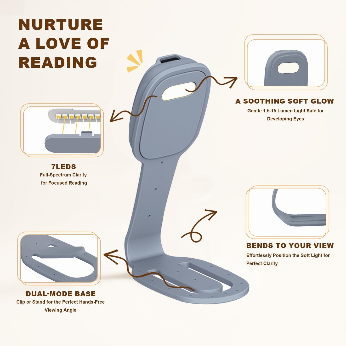 Rechargeable Kids Book Light, Cute Bookmark Reading Light for Kids, Dimmable Portable LED Book Light for Reading in Bed, Eye-Caring Bedtime Reading Lamp for Children & Travel, Brown