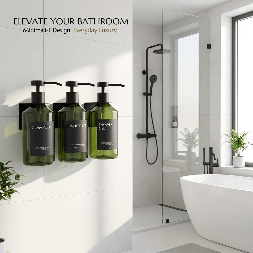 Shampoo and Conditioner Dispenser Set of 3 for Wall Mount | 16.9 fl oz Drill Free Shower Soap Bottles,Refillable Body Wash Dispensers for Bathroom Decor (Amber Bottles + Bamboo Pumps)