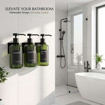 Shampoo and Conditioner Dispenser Set of 3 for Wall Mount | 16.9 fl oz Drill Free Shower Soap Bottles,Refillable Body Wash Dispensers for Bathroom Decor (Amber Bottles + Bamboo Pumps)