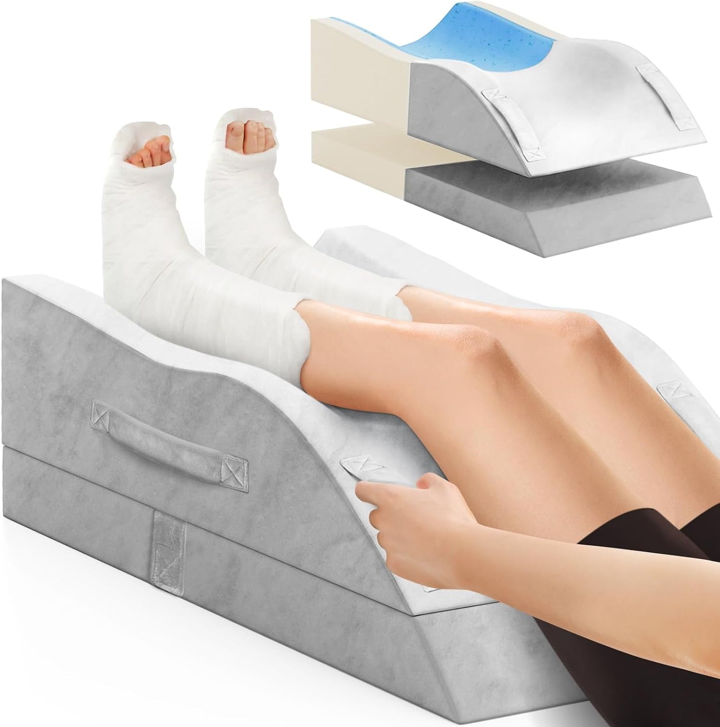 TranquilRelax Leg Elevation Pillow for After Surgery, Wedge Pillow, Grey | Single-leg design, adjustable height, U-shaped cradle, supportive memory foam, washable cover, leg elevation for swelling