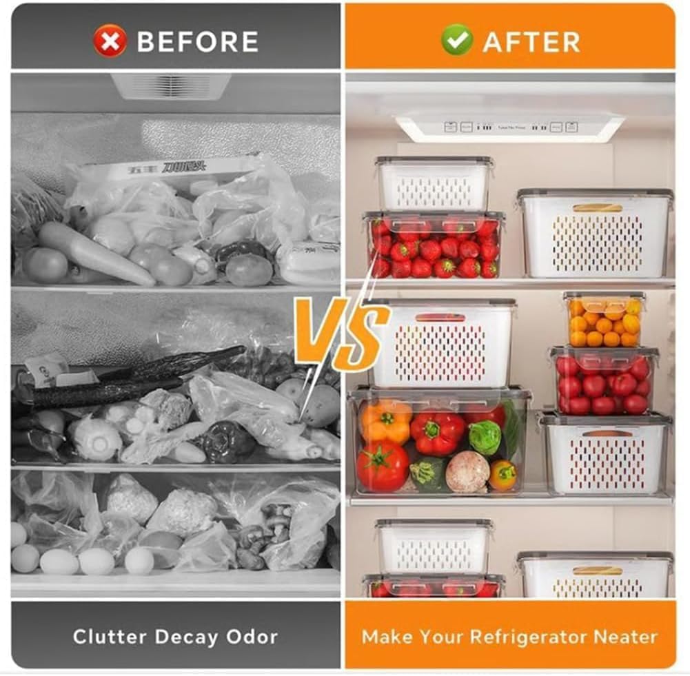4 in 1 Food Storage Container-2/3 Pack Set with Lids, Fruit Storage Containers for Fridge with Removable Colander,Stackable Fridge Transparent Plastic Storages Box, Dishwasher Safe (Gray, S+M+L)