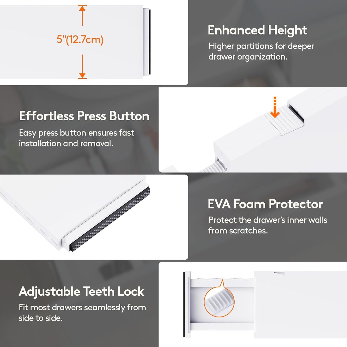 Lifewit 5 Pack Upgrade Drawer Dividers for Clothes, 4" High 11"-17" Adjustable Dresser Drawer Organizers, Expandable White Plastic Drawer Separators for Kitchen, Nursery, Office Organization & Storage | 5 Pack 11"-17" Expandable White Plastic Drawer