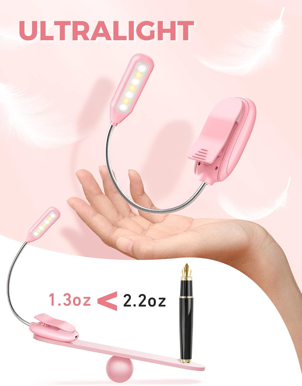 Monotremp Rechargeable Book Lights for Reading at Night, Clip-On 3 Colors | Eye-caring ultralight clip-on, stepless dimming, no flicker, amber mode, 80H runtime, 1.3oz, memory, gift for book lovers.