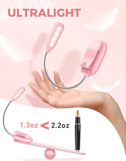 Monotremp Rechargeable Book Lights for Reading at Night, Clip-On 3 Colors | Eye-caring ultralight clip-on, stepless dimming, no flicker, amber mode, 80H runtime, 1.3oz, memory, gift for book lovers.