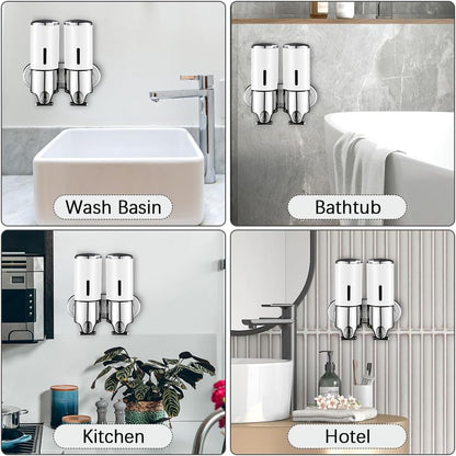 3 in 1 Chamber Wall Mounted Shampoo and Conditioner Dispenser (Silver) | No Drill Shower Soap Dispenser for Bathroom & Hotel Leak-Proof Pumps, Easy Installation and Large Capacity