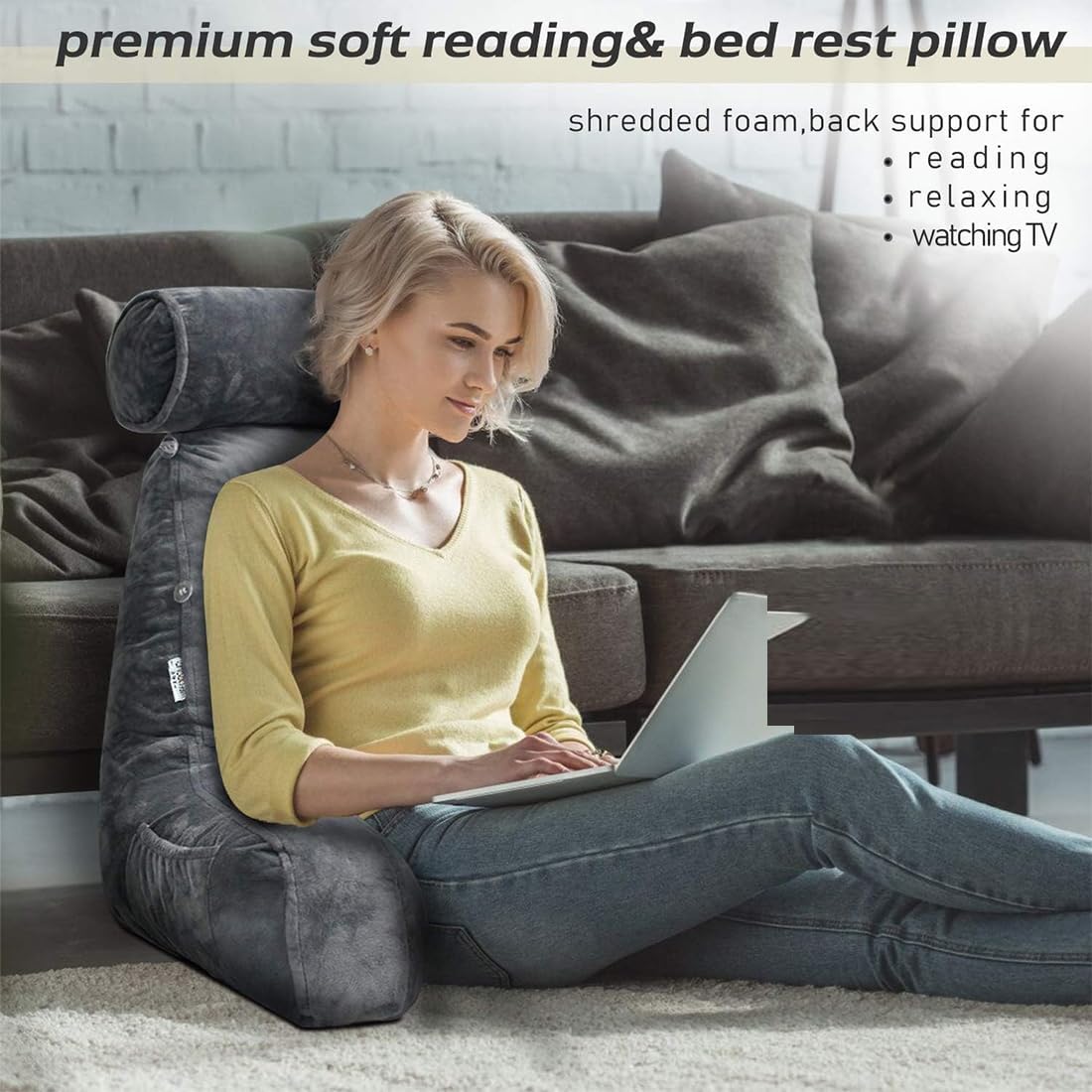 26" Reading Pillow for Sitting Up in Bed, Backrest with Arms