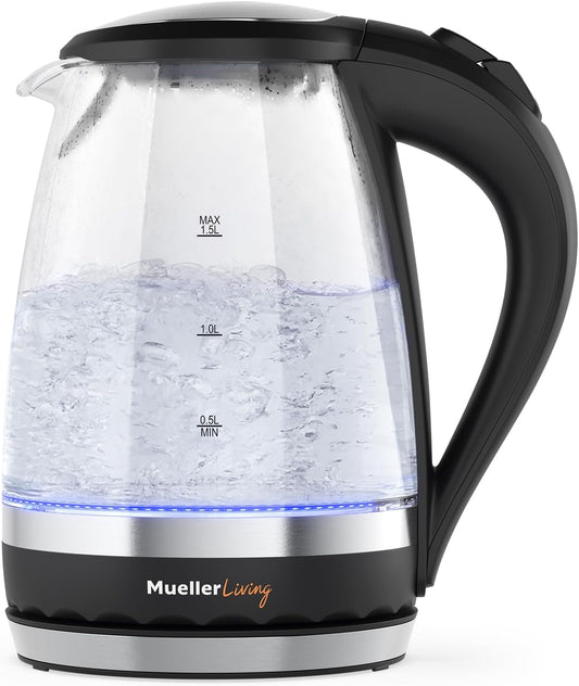 Mueller Living 1.8L Electric Kettle, Tea Kettle for Boiling Water | 1.8L | 1500W | LED | SpeedBoil | Automatic Shutoff | Cordless | Borosilicate Glass | BPA Free