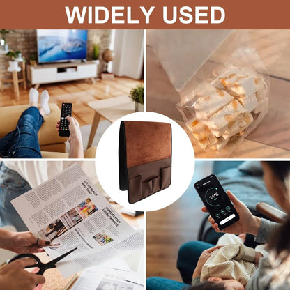 Anti-Slip PU Leather Velvet Sofa Couch Chair Armrest Soft Caddy Organizer Holder with 5 Pockets for Phone, Book, Magazines, TV Remote Control - Draped Over Sofa, Couch, Recliner Armrest (Brown)
