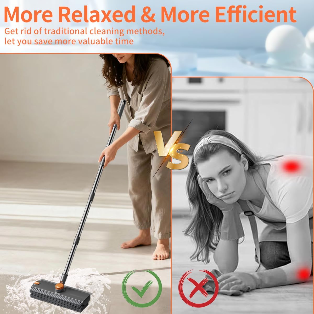 3 in 1 Floor Scrub Brush,Floor Scrubber with Squeegee and Tweezer, Push Broom with Long Handle,Heavy-Duty Stiff 90° Bristle Broom for Patio,Shower, Garage,Deck,Tile, Concrete & Wood Surface